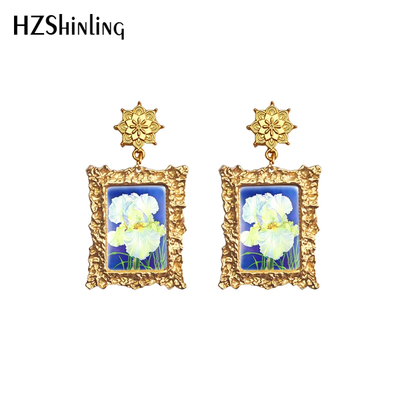 2020 New Iris Flower Earring Art Painting Vintage Earrings Retro Mandala Charm Square Glass Cabochon Jewelry image 4