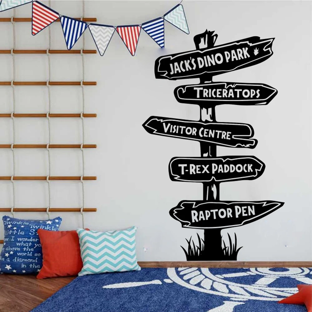 Custom Name Jurassic Dinosaur Signpost Wall Decal Boy Room Playroom Retro Dino Animal Road Sign Wall Sticker Kids Room