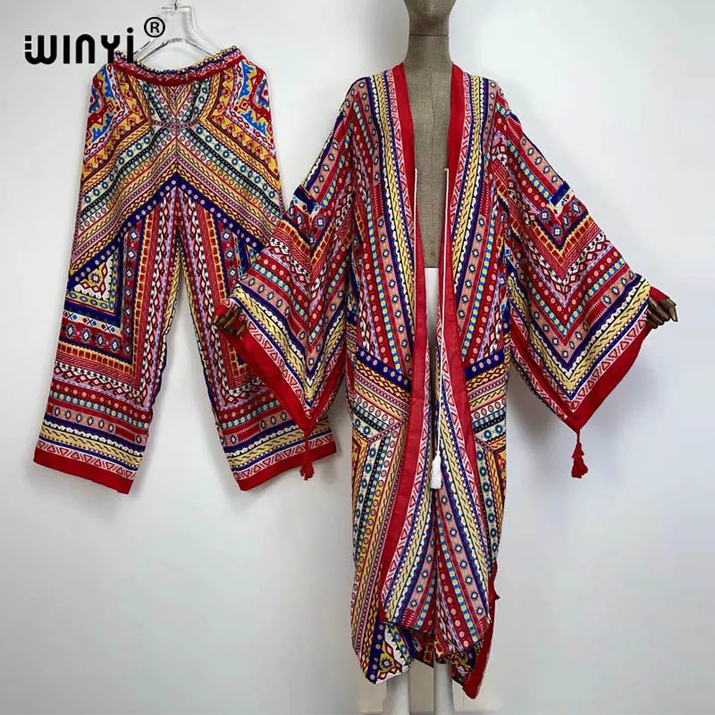 WINYI two-piece suit kimono straight leg pants Bohemian Printed Over Size Star Dress Women Elastic Floor Length New kaftan