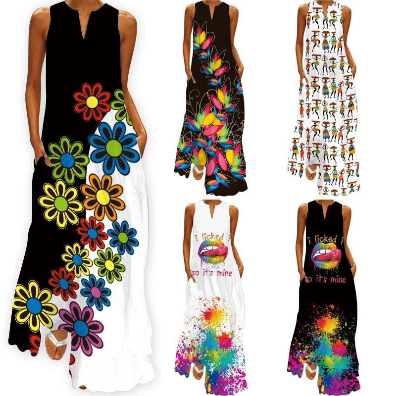 Fashion Boho Sleeveless Loose Maxi Dress Women Party Luxury Elegant Sexy Beach Robe Oil Painting Style Printed Long Dresses