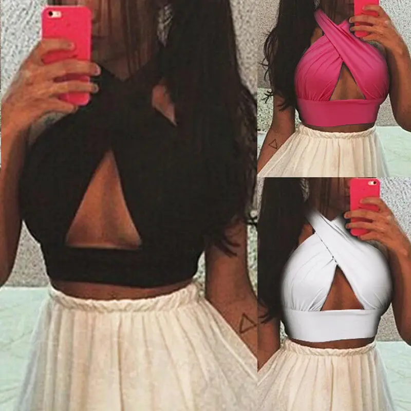 Women Strap Cross Over Front Cut Out Halter Neck Tops Sleeveless Crop Tops Lady Bandage Vest Solid Black Red White Tank Top