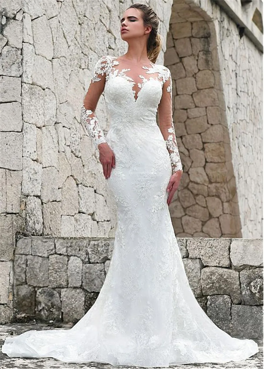 

Chic Lace Jewel Neckline Natural Waistline Mermaid Wedding Dress With Lace Appliques Long Sleeves Bridal Dresses