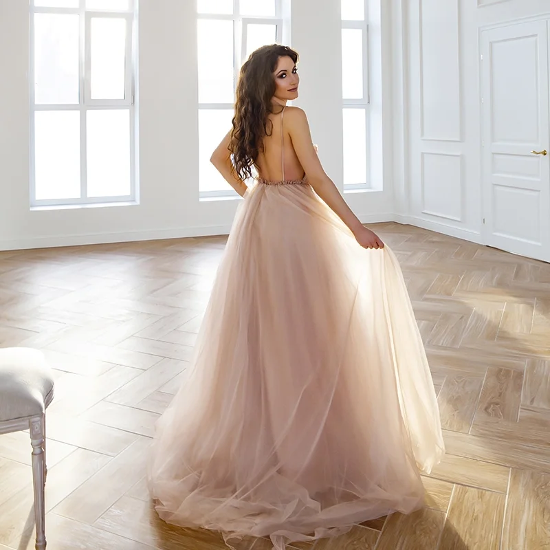 Robe de soirée rose en Tulle avec fleurs appliquées, bretelles Spaghetti, dos nu, traîne, col en v, robe de mariage, modèle 2021