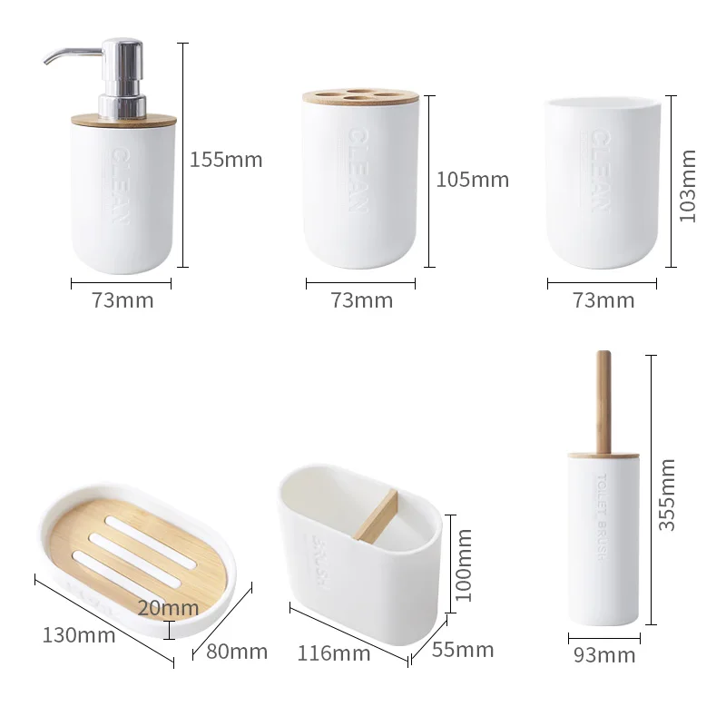 Bamboo Bathroom Accessories Sets Toilet Brush Toothbrush Holder Mouthwash Cup Soap Holder Shampoo Dispenser White Home Container