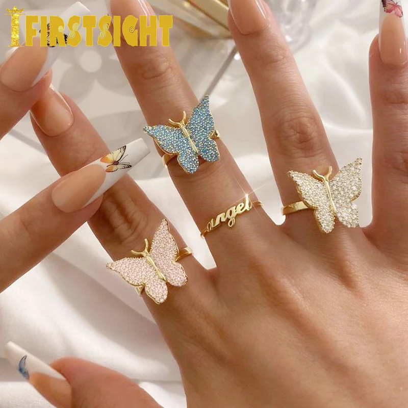 New Pink Blue CZ Butterfly Vermeil Ring Gold Color Open Adjust Size Resizable Anima Ring Engagement Wedding Women Jewelry