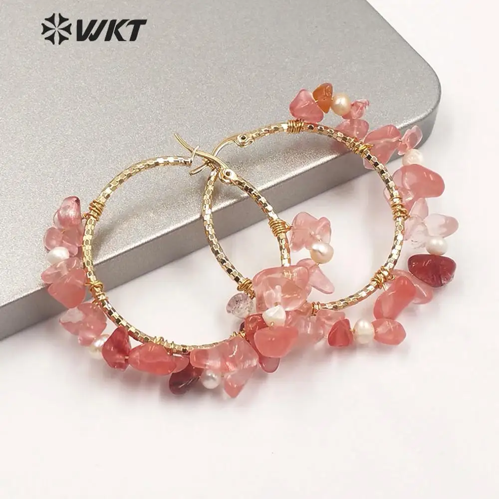 

WT-E608 WKT Pink Color Gravel Stone Earring Gravel Stone And Pearl Earrings Romantic Fashion Earrings Jewelry Gift For Lady