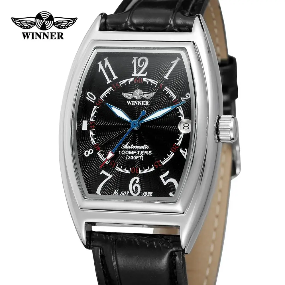 T-WINNER Fashion simple casual men\'s watch rectangular black dial silver case black leather strap automatic mechanical watch