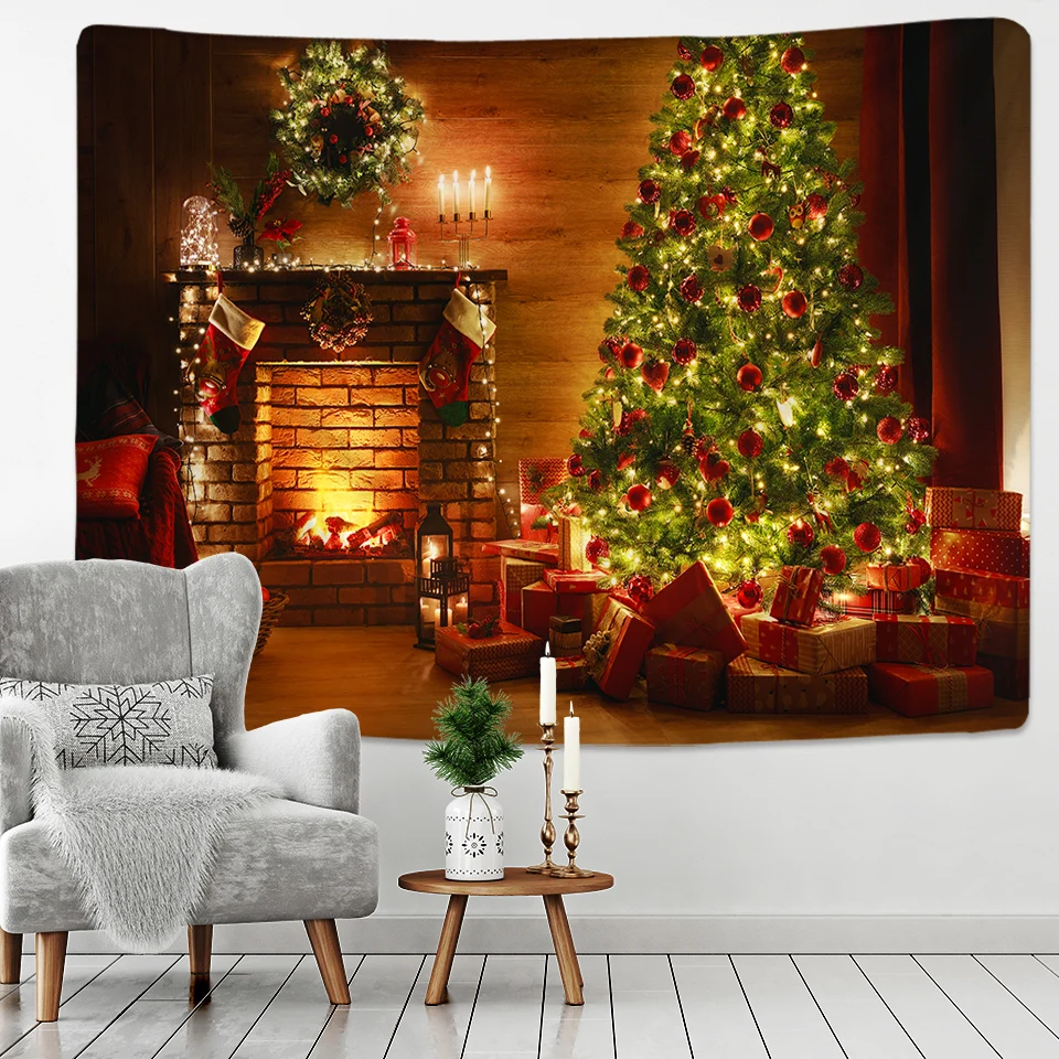 Christmas Tapestry Christmas Tree And Fireplace Warm Family Wall Hanging Backdrop Home Room Decoration Gift