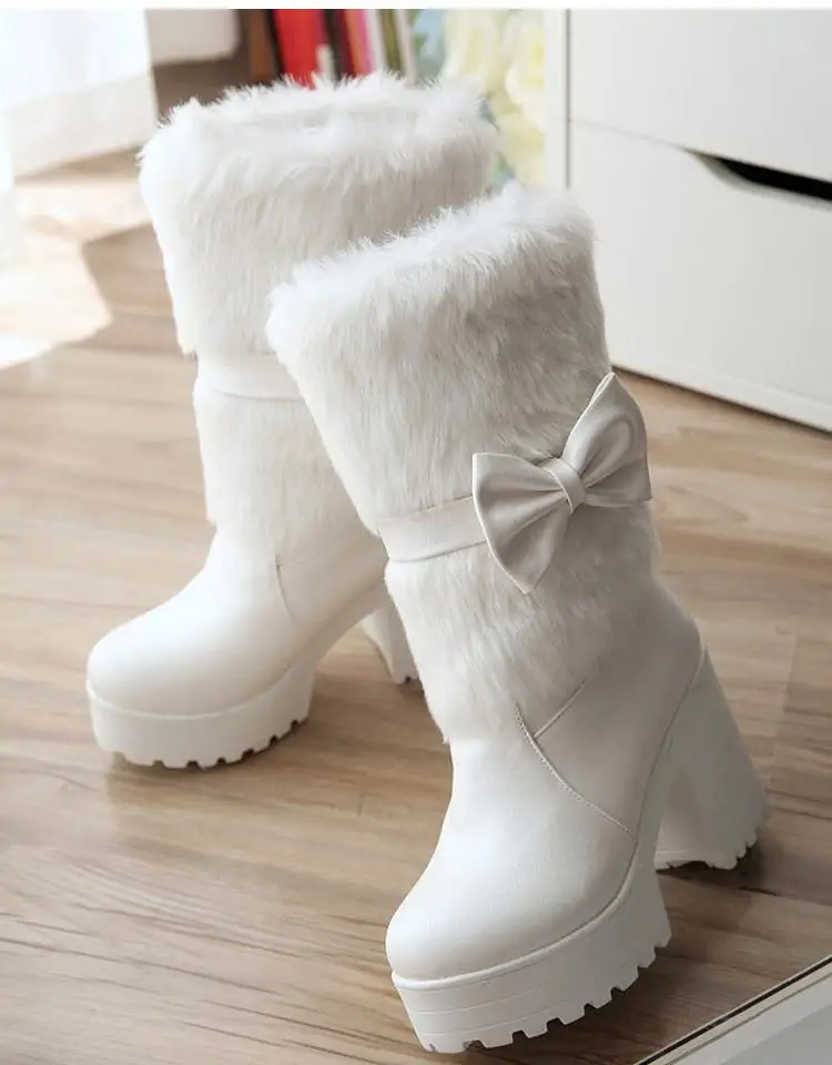 High-heeled snow boots female Lolita sweet bow student fur boots plus cashmere keep warm women shoes cute bowknot kawaii snow
