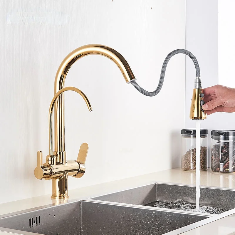 Pull-out Kitchen Faucet Copper Alloy Three-way Double-handle Direct Drinking Faucet Kitchen Hot and Cold Water Sink Faucet