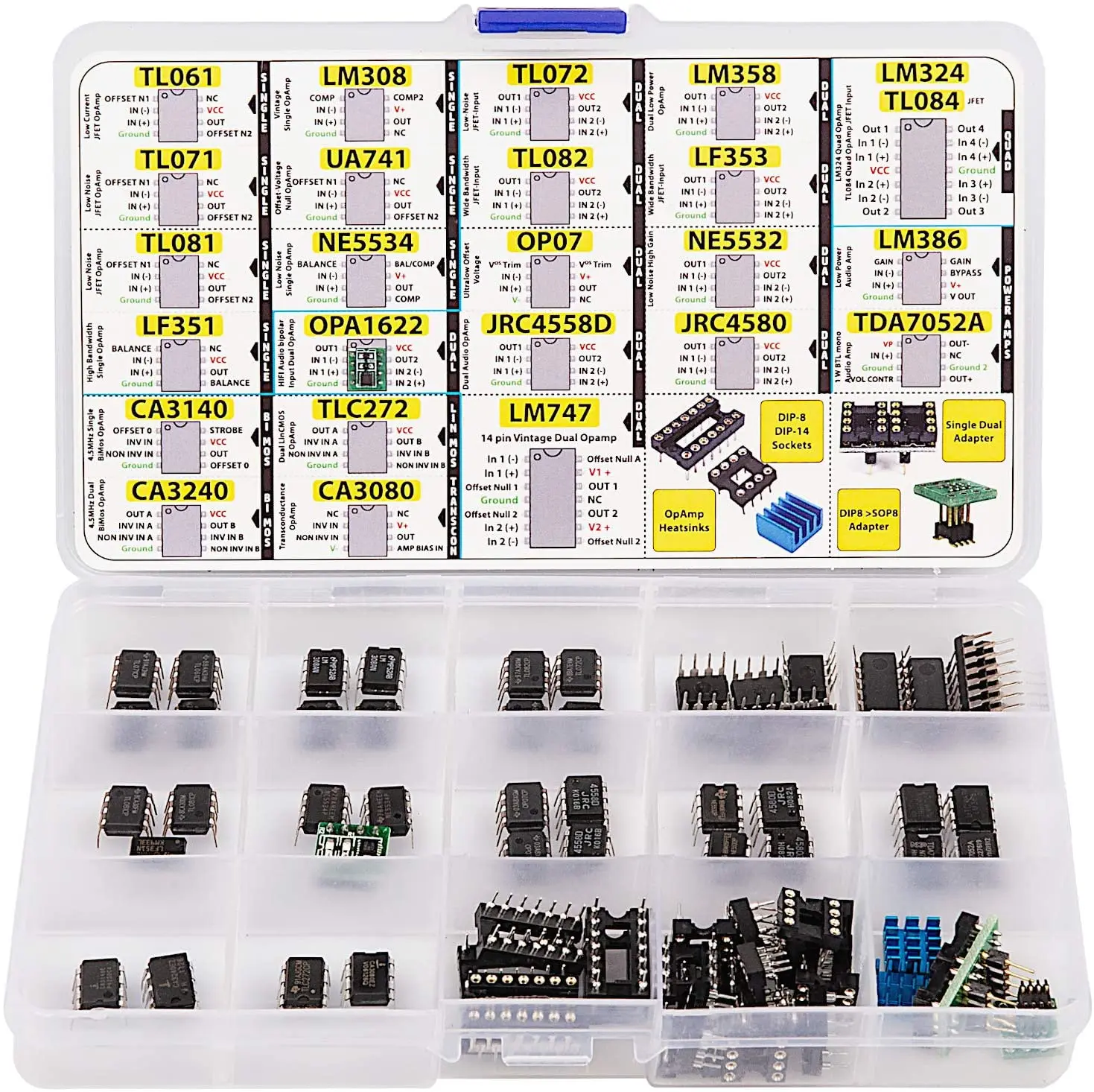 OpAmp Assortment 70 pcs incl. Sockets, TL061 TL071 TL081 UA71 LM308 LF351 LF353 NE5534 TL084 OPA1622 LM324 TL072 TL082 LM358