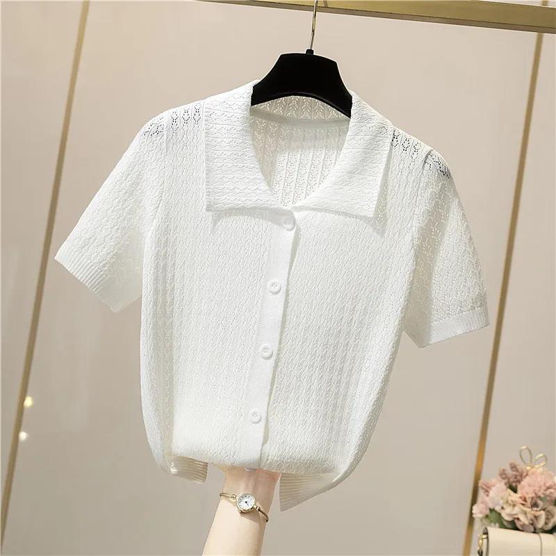 Knitting Women\'s Ribbed Button Up Polo Shirt Female Chic Solid Short Sleeve Green Top Hollow Out Tees Purple Clothing