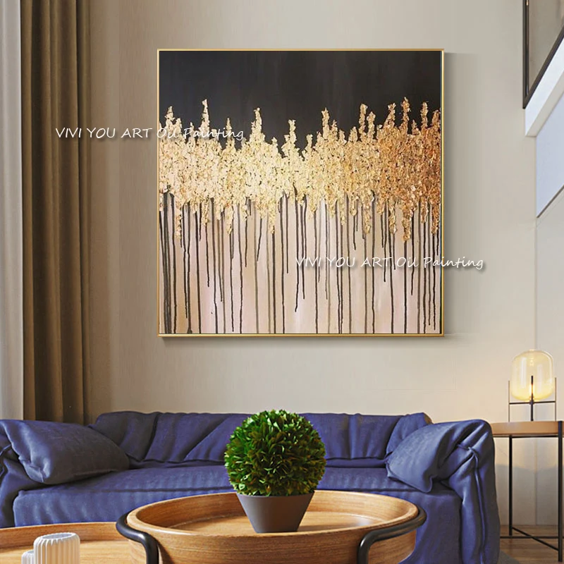 100%Handpainted Golden Black Blue Top Line Abstract Canvas Paintings Abstract Oil Painting Wall Picture Living Room Home Decor