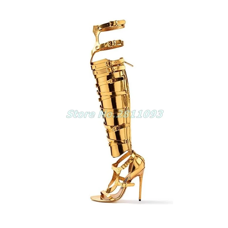 Metal Gold Cut Out Summer Boots Open Toe Stiletto High Heel Over The Knee Multi-Buckle Handmade Top Quality Shoes Runway Party