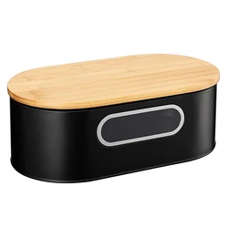Vintage Black Bread Bin with Bamboo Cutting Board, Storage Container, Kitchen Organizer