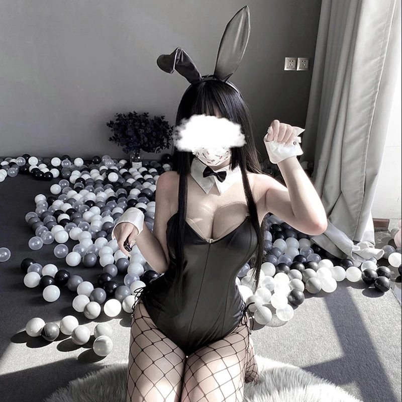 Sexy coelho menina kawaii cosplay coelho traje matte material de poliéster bonito coelho mulher conjunto escondido botão aberto virilha