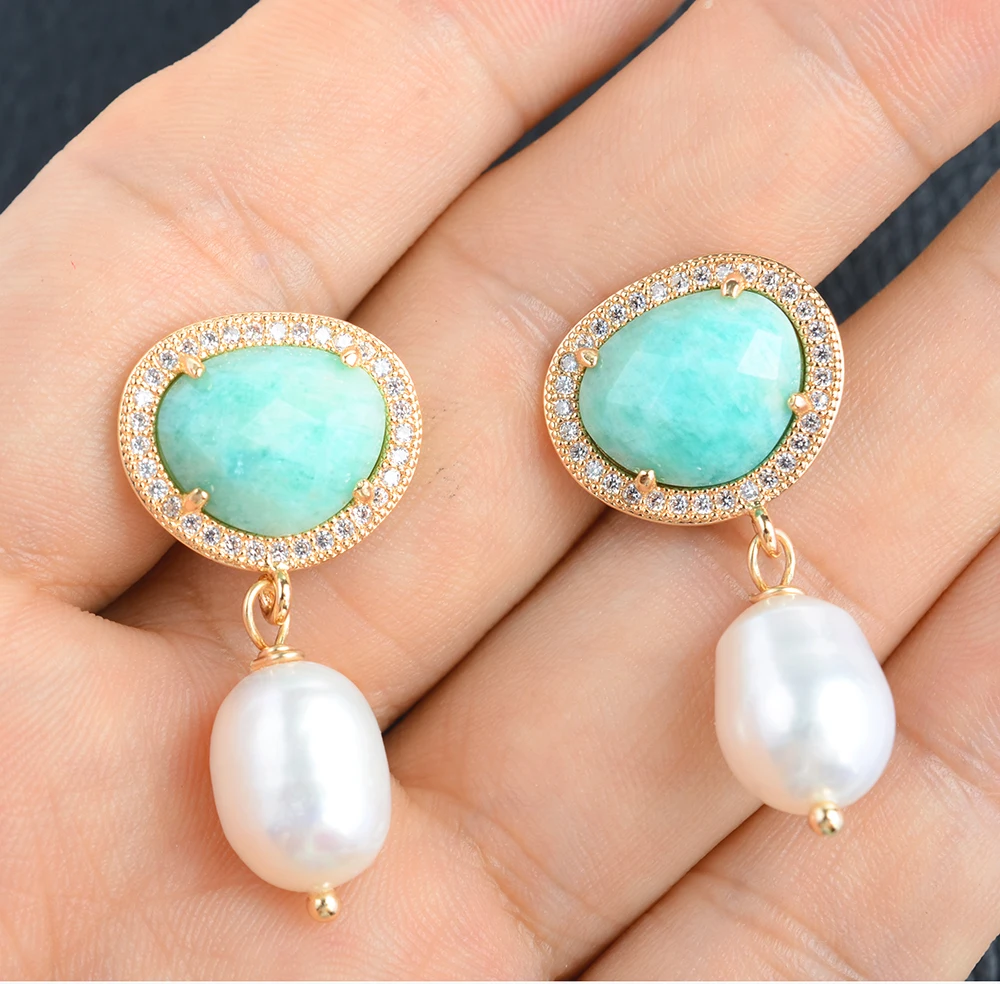 

White Rice Pearl Green Amazonite Cz Pave Stud Earrings