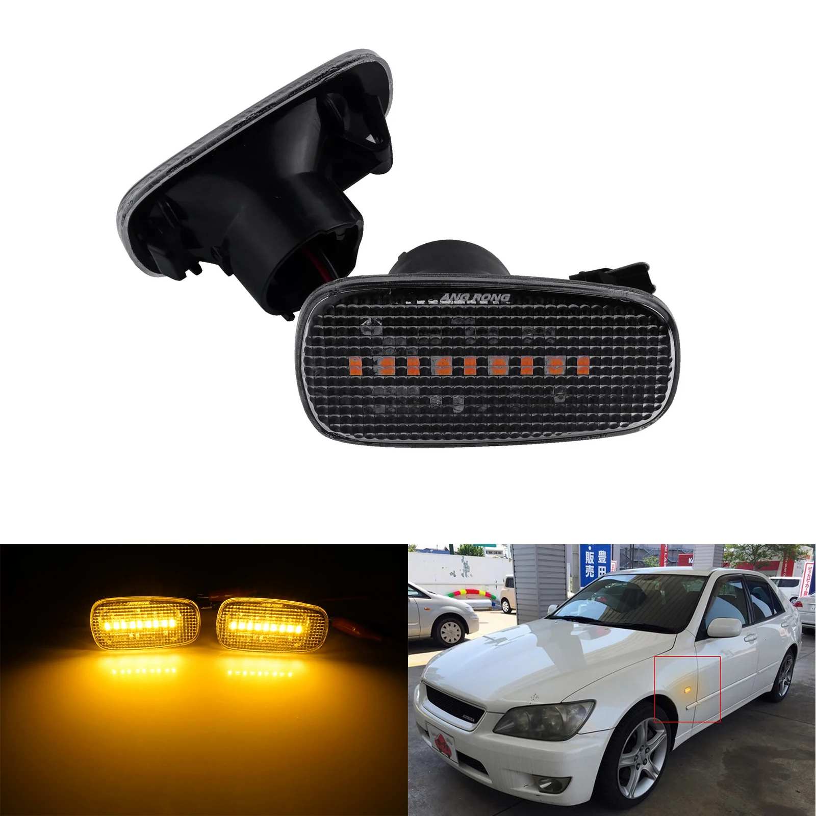 ANGRONG 2X Amber LED Side Marker Turn Signal Light Lamp Clear Lens For Lexus IS300 2000-05