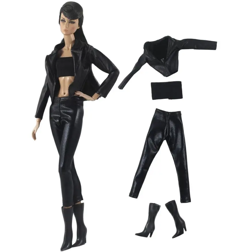 Fashion Leather Jacket Trousers Boots Outfits for Barbie Blyth 1/6 30cm MH CD FR SD Kurhn BJD Doll Clothes Accessories