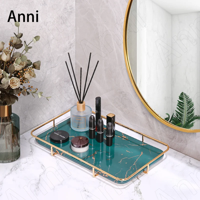 

Creative Golden Marble Texture Trays Decorative Nordic Modern Golden Stroke Restroom Toiletries Storage Tray Bathroom Decoration