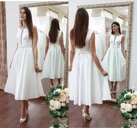 LSYX Wedding Dress Short Satin Sleeveless Knee Length Bridal Gowns Charmin V-Neck A-Line White Custom Made Lace Up Elegant For