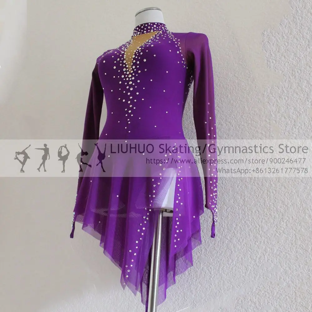 Figure Skating Dress Girls Women Competition Costumes Purple Ballroom Children Long Sleeves Performance Wear Rhythmic Leotard