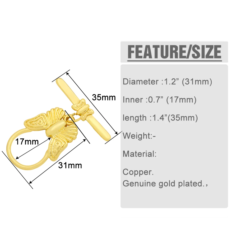 OCESRIO Copper Large Butterfly Toggle Clasp for Jewelry Making Genuine Gold Plated OT Connector Hooks Findings for Diy cnta055