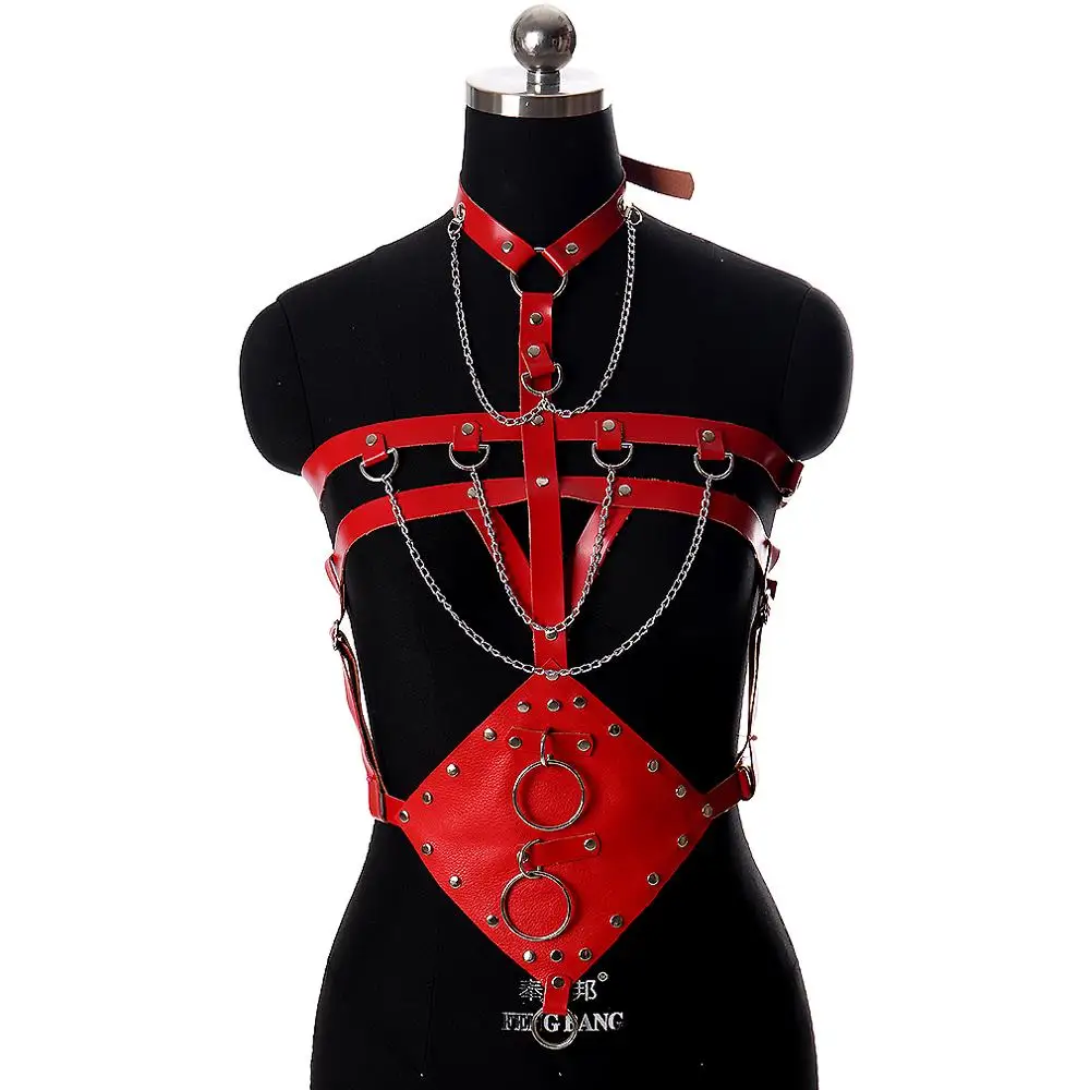 Red Lingerie Leather Harness Belt Chain Punk Fashion Street Bondage Top Chest Pentagram Sexy Suspender Adjustable Club Dance