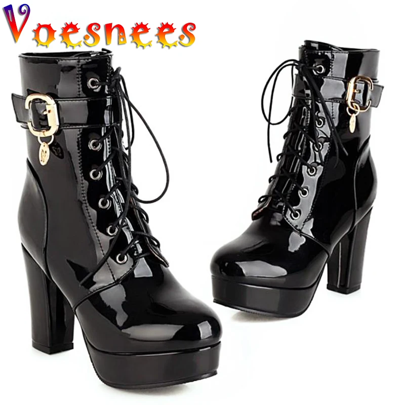 Mid-Calf Boots Women 2021 Autumn and Winter New   Platform Lace-Up High Heels Patent Leather Female Short Boot Fashion Booties