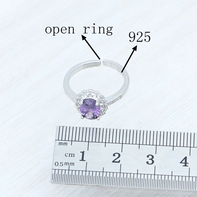 Romantic Amethyst Jewelry 925 Sterling Silver Jewelry Set Open Ring Pendant Earring Necklace Kit Wedding Accessories