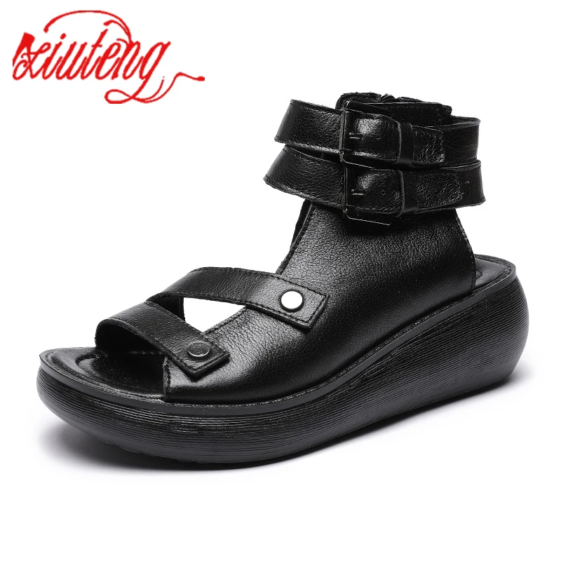 Xiuteng 2022 Summer New Roman Sandals Women\'s Trifle Thick-Soled Retro Leather Handmade Sandals Female Fish Mouth Comforta Shoes