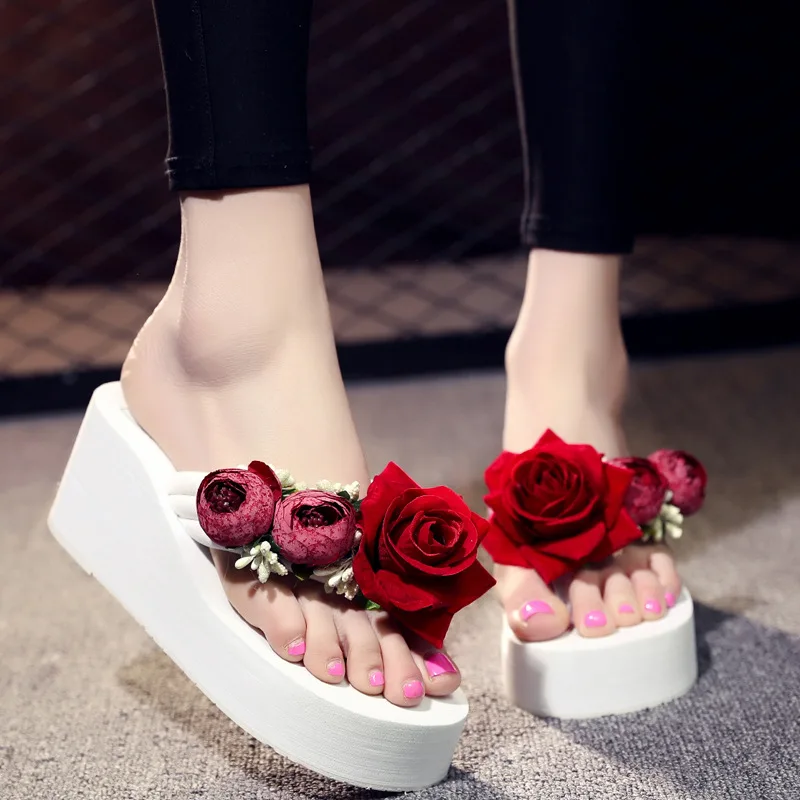 5cm High Heel Women\'s Summer Flowers Beach Shoes Fashion Clip Foot Wedge Heel Thick Platform Cute Sandals and Slippers Shoes