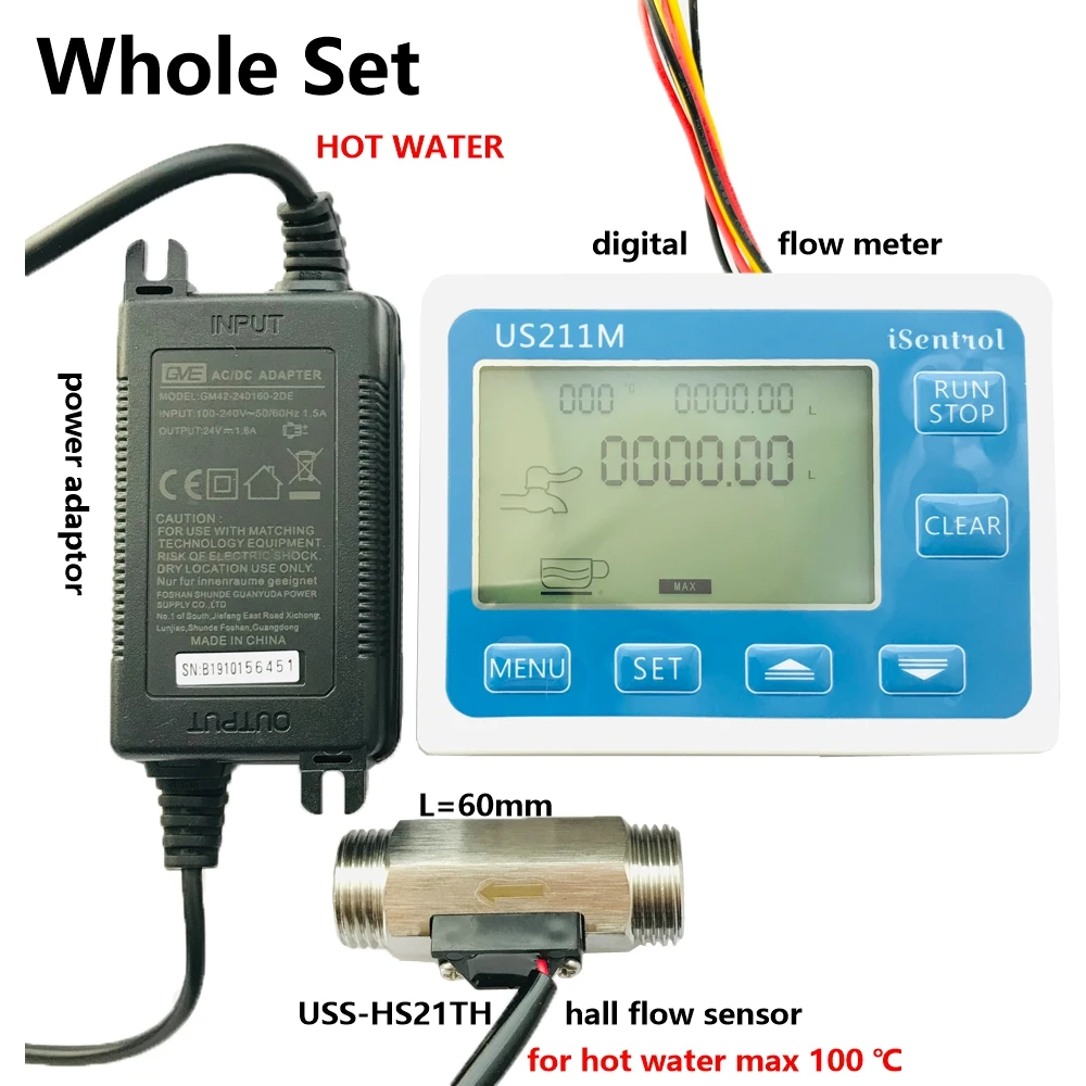 US211M Hot Water Set  Digital Water Flow Meter with SUS304 Stainless Steel USS-HS21TH 1-30L/min Hall Water Flow Sensor Reader