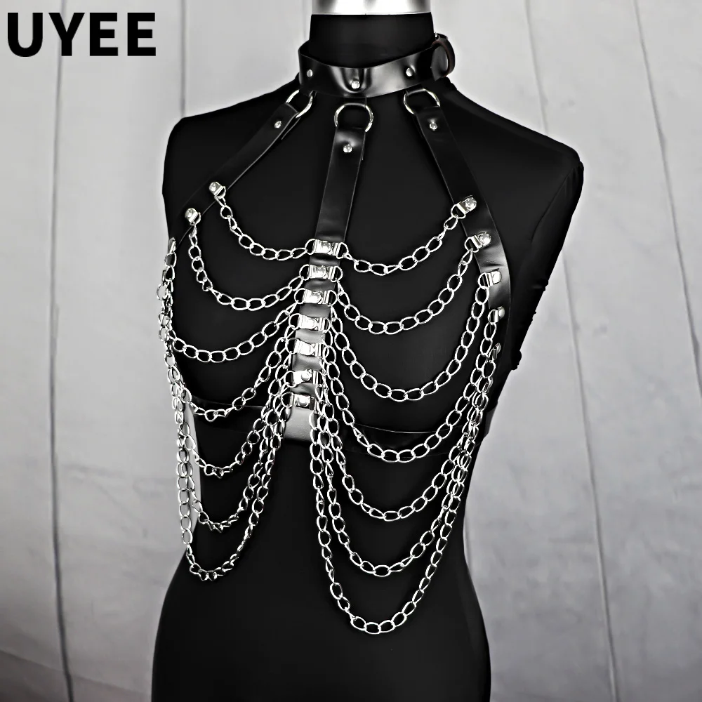 UYEE Sexy Harness for Women Silvery Body Chain PU Leather Bondage Lingerie Punk Sword Belt Bdsm Underwear Gothic Rave Clothes