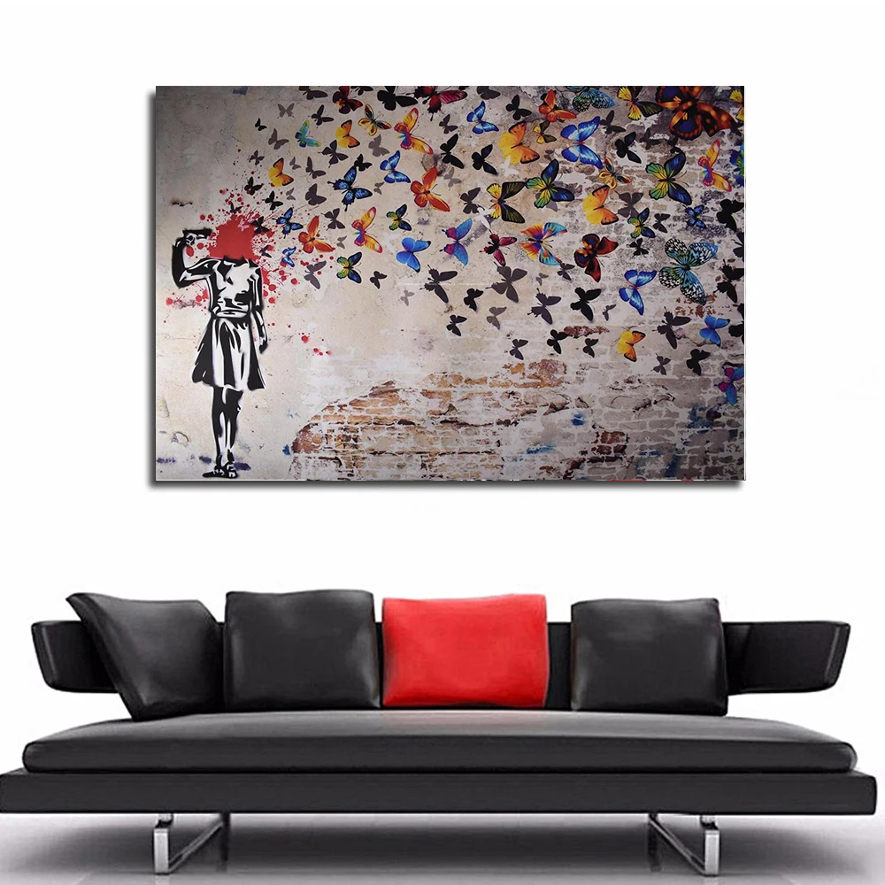 Banksy Headshot Butterfly Girl Abstract Poster Prints On The Wall Art Mural HD Canvas Painting Banksy for Living Room Decoration