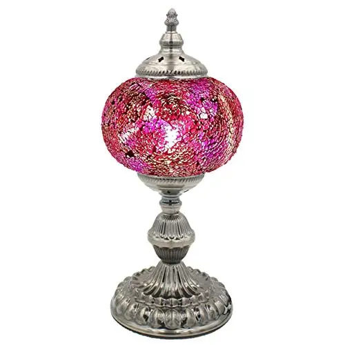 LaModaHome Mosaic Turkish Lamp Moroccan Glass for Table Desk Bedside Bronze Base Bundle with E12 Light Bulb-2 Sizes (Fusia Purpl