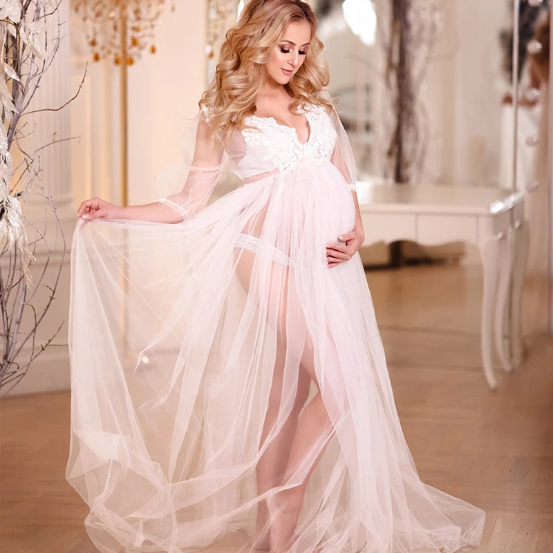 

Pregnant Women Dress For Photo Shoot Illusion Tulle Photography Gown Kimono Ladies Shower Robe Bathrobe Sleepware