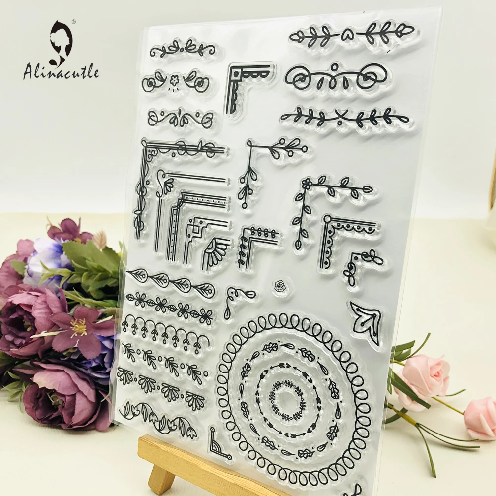 Alinacutle CLEAR STAMPS Leaf Flower Border Corner Scrapbooking Card Album Paper Craft Rubber Roller Transparent Silicon Stamp