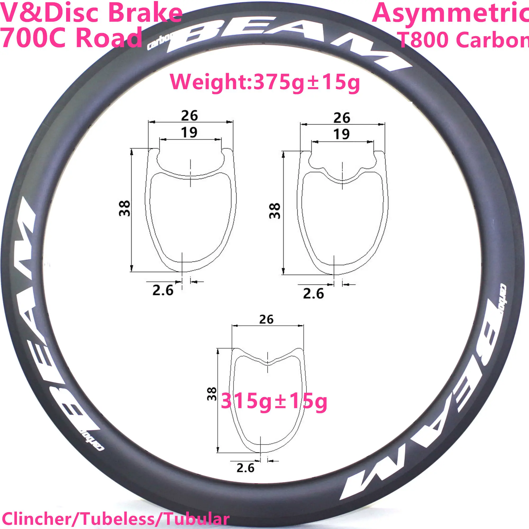 

2021 Asymmetric HTG 255° only 315g Carbon Road Bike 38mm Depth 700C Carbon Rim Tubular Clincher Tubeless carbon bicycle rims