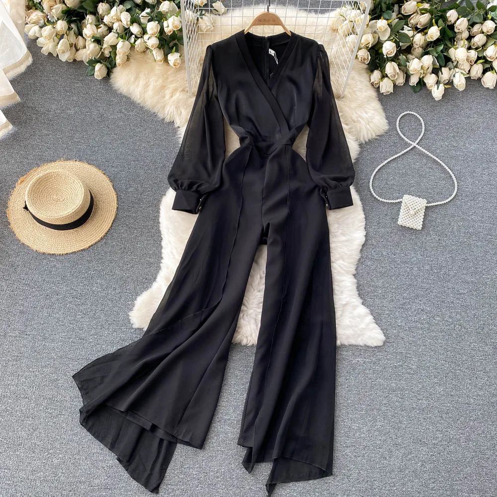 

C392 Women's New Fashion Autumn V-neck Chic Jumpsuit High Waist Thin Mesh Stitched Long Sleeve Black Overalls