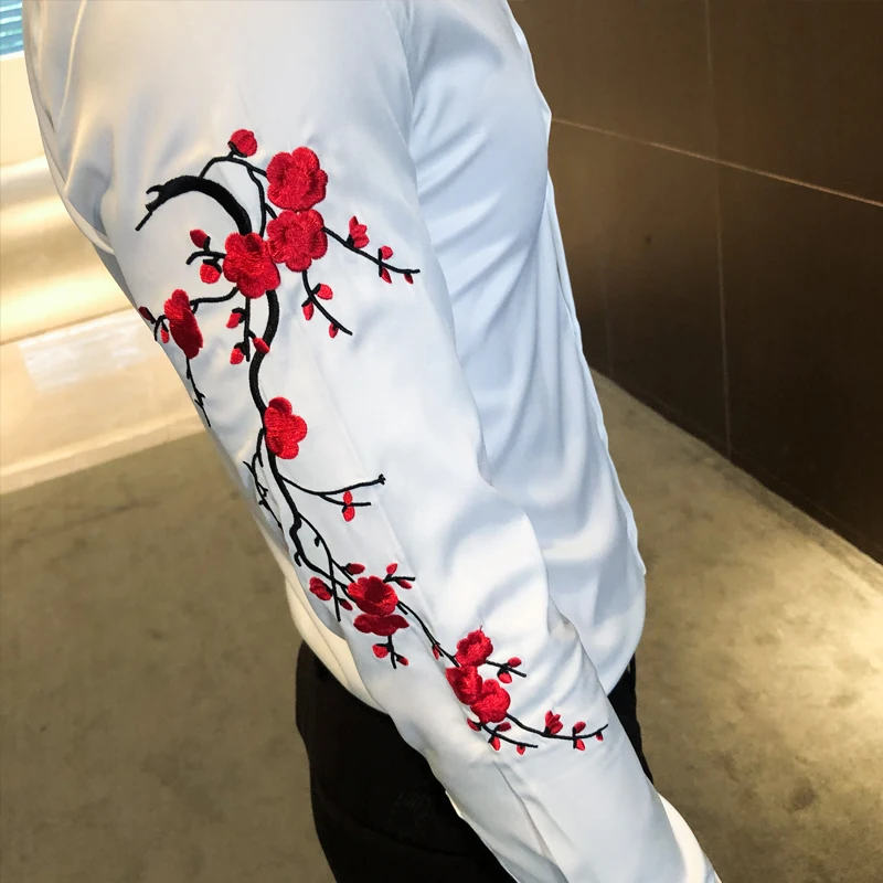 Embroidery Floral Men\'s Shirt Long Sleeve Business Formal Dress Casual Shirts Streetwear Social Party Bar Male Clothing Camisa