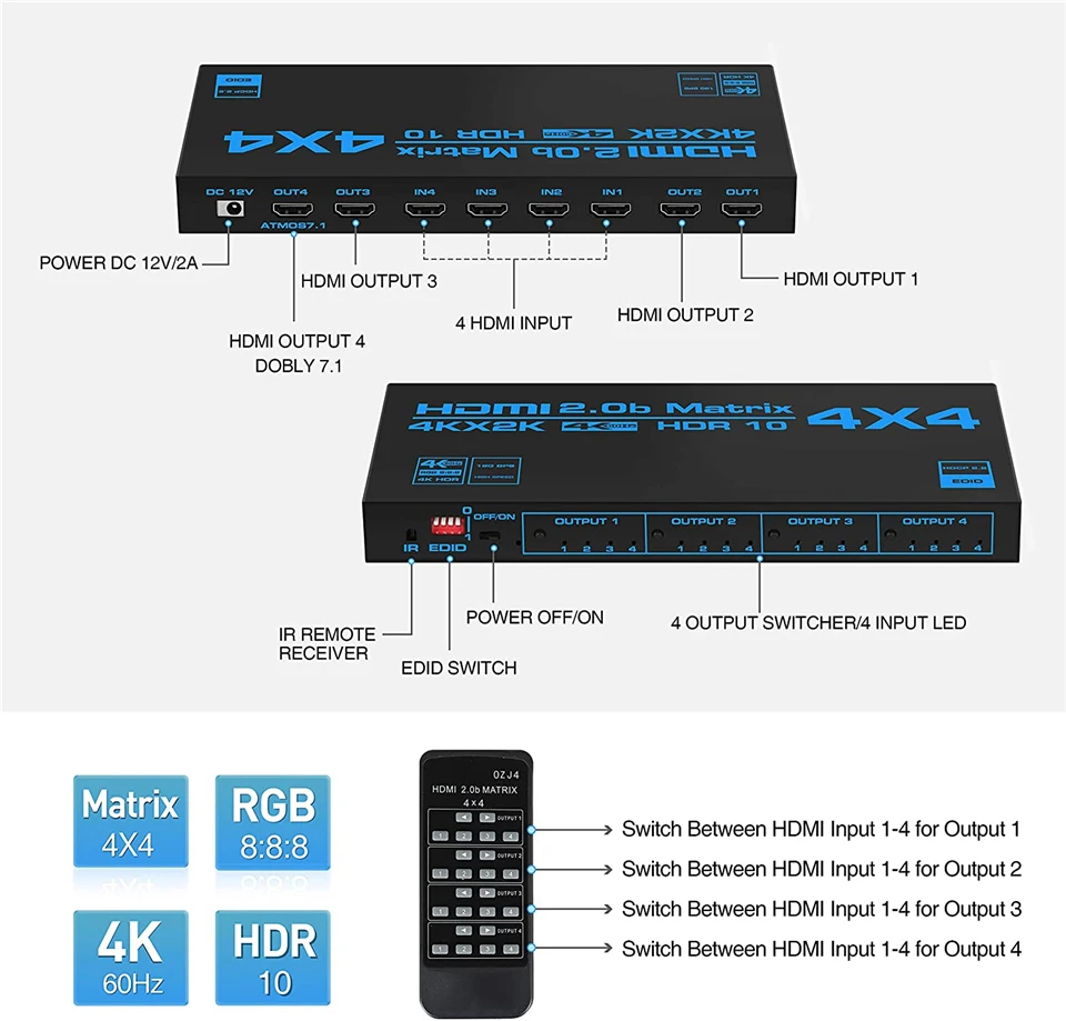 4x4 HDMI-compatible Matrix Switch Splitter with SPDIF & L/R 3.5mm HDR HDMI-compatible Switch 4x2 Support HDCP 2.2 ARC 3D 4K@60Hz