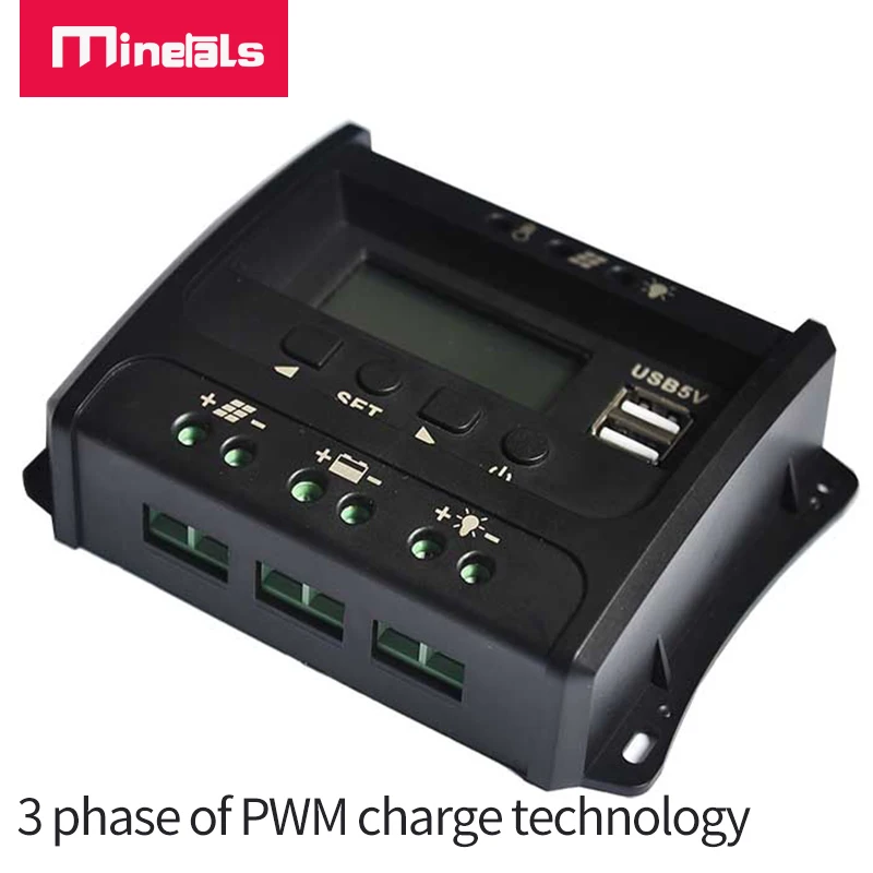 Controlador de carga e descarga solar pwm 12v 24v 10a, controlador de carga solar com usb e display lcd