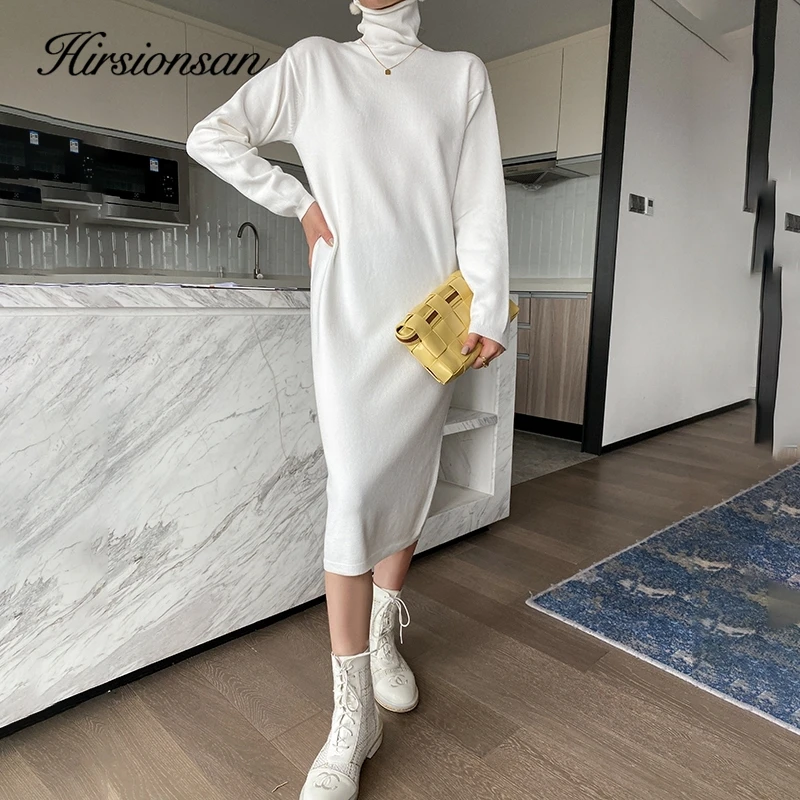 Hirsionsan Elegant Spring Autumn Bodycon Sweater Dress Women Soft Long Sleeve Solid Knit Dress Female 2023 New Clothing