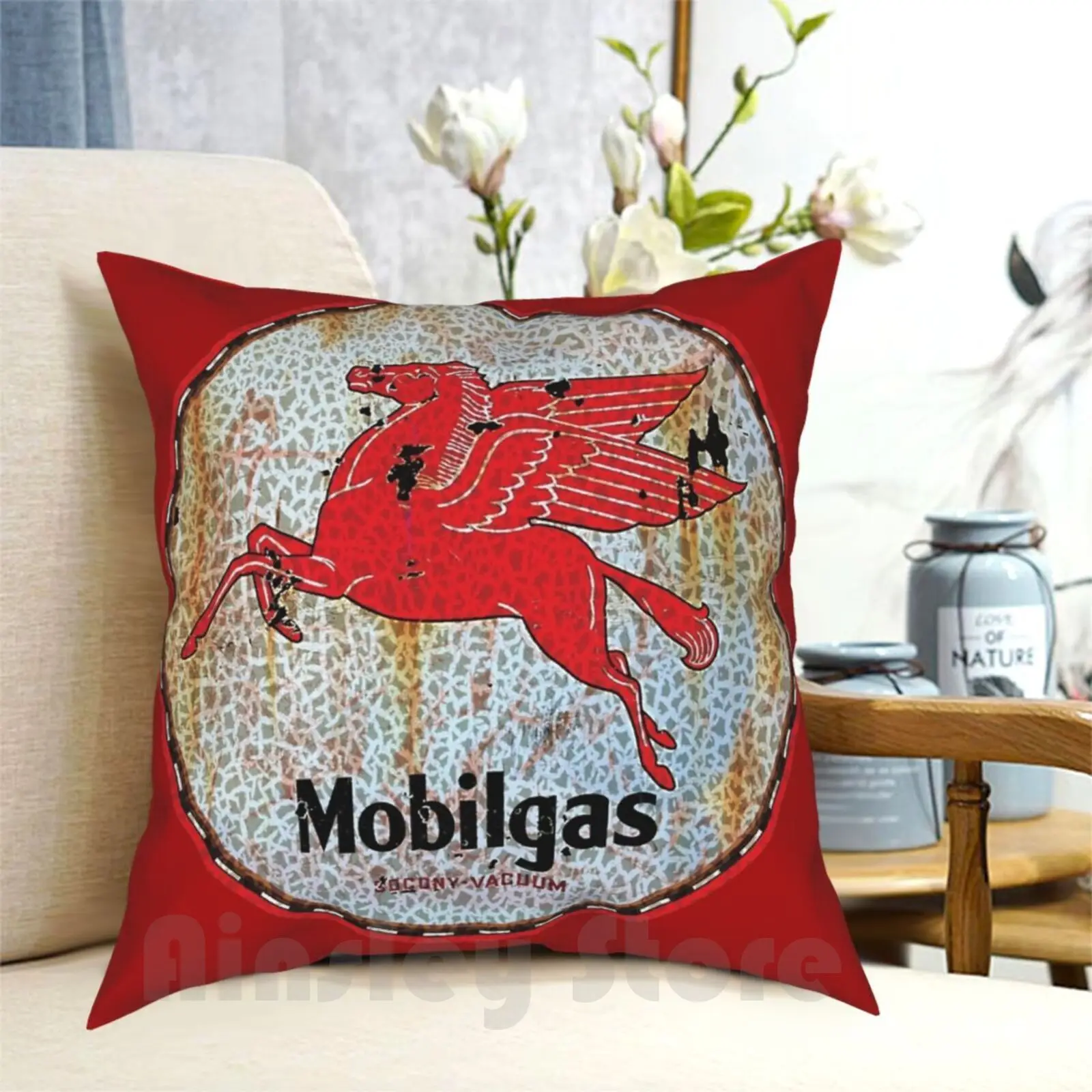 Vintage Mobil Oil Sign Pillow Case Printed Home Soft Throw Pillow Rust Sign Pegasus Oil Gas Horse Gasoline Gas Station