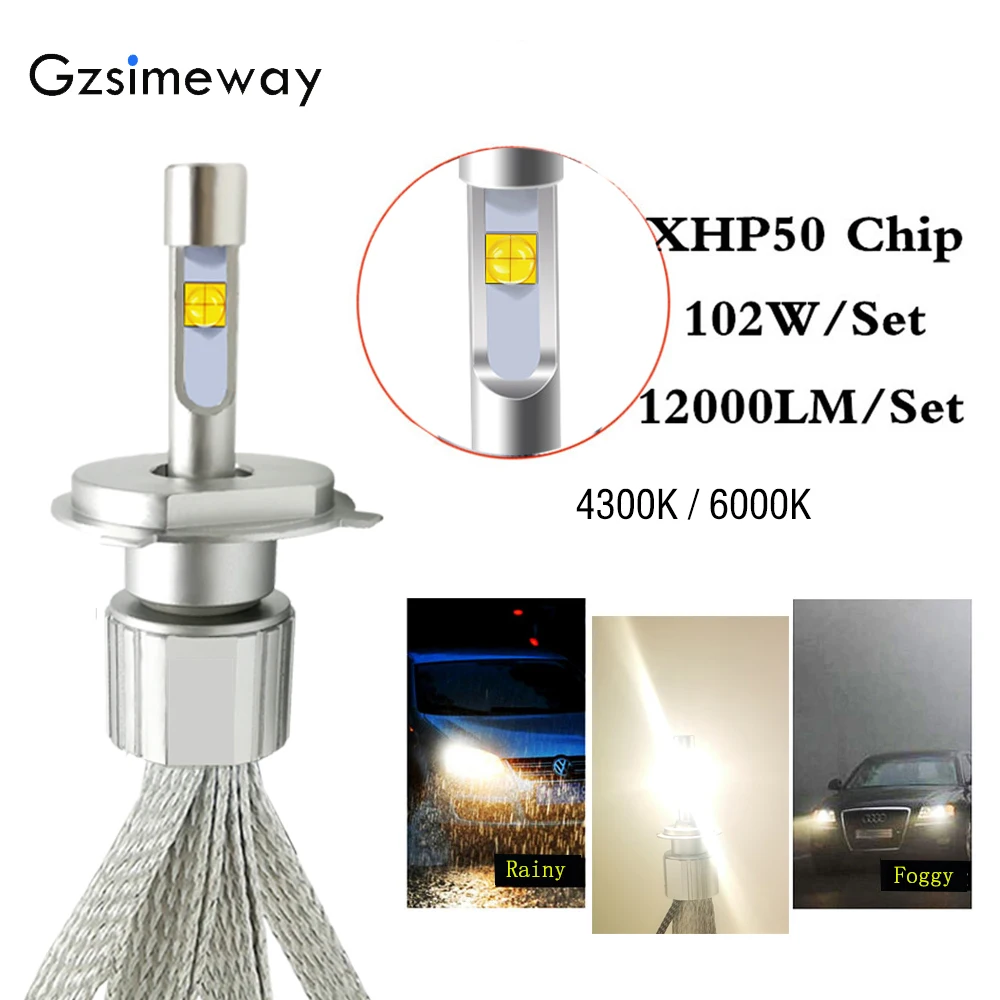 2PCS Car LED H1 4300K headlight bulbs 6000k 12000lm XHP50 LED Headlight H3 H4 H13 H7 D2S D4S fog bulb projector lens motorcycle