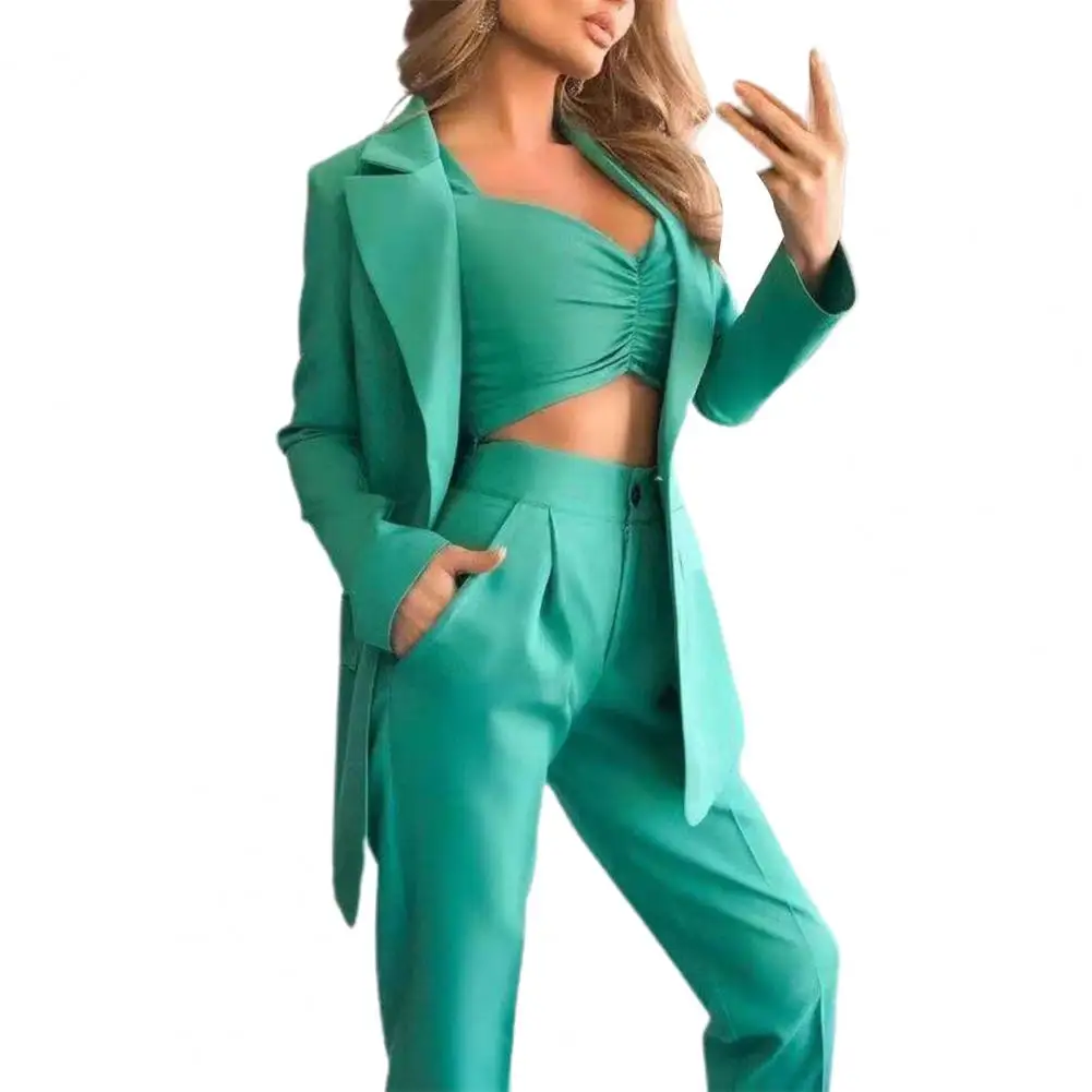 3 pçs/set blazer ternos 2021 zíperes sling mulher calça ternos respirável turndown colar terno para escritório conjunto femme 3 pièces
