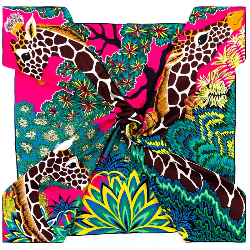 POBING Twill Seidenschal Frauen Drei Giraffen Quadratische Schals Manuelle Handgerollte Echarpes Foulards Femme Wrap Bandana Hijab 90CM – Detail 3