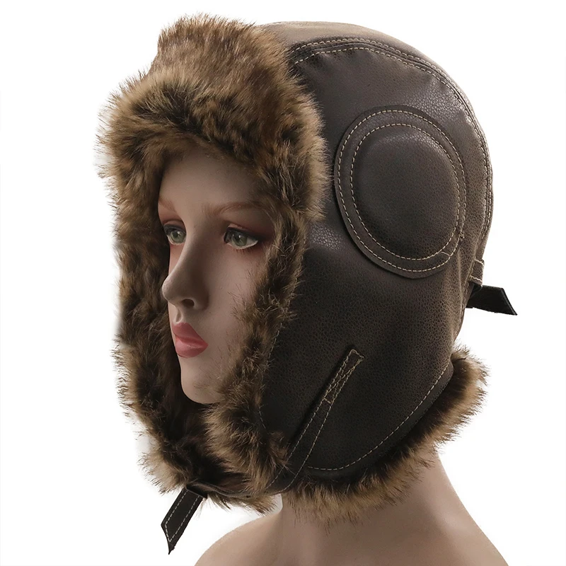 

Hot Bomber Hats Winter Men Warm Russian Ushanka Hat with Ear Flap Pu Leather Fur Trapper Cap Earflap