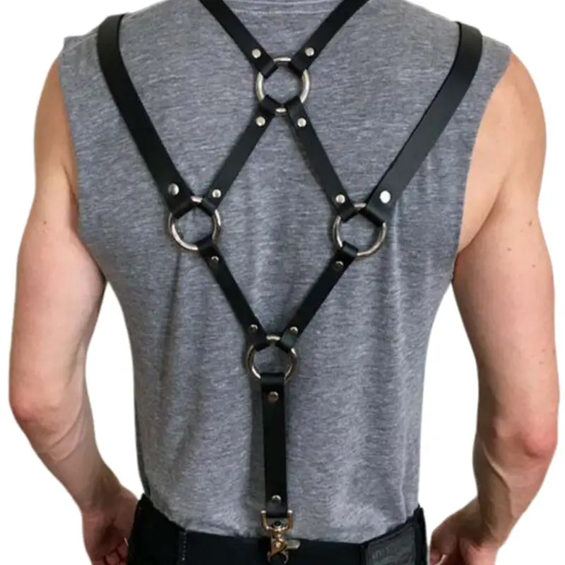 Mens Sexy Harajuku Faux Leather Body Chest Half Harness Suspenders Punk Sling Buckle Shoulder Straps Belt O-Rings for Wedding